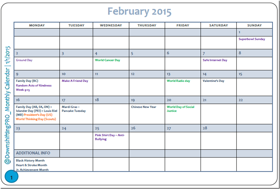 Click on Picture to get Printable of this Calendar @DownshiftingPRO Feb 2015