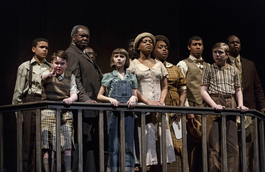 To Kill a Mockingbird at Stratford - Exceptional child actors: Hunter Smalley (left), Clara Poppy Kushnir (centre) and Jacob Skiba (left) with members of the company  (David Hou/Stratford Festival)