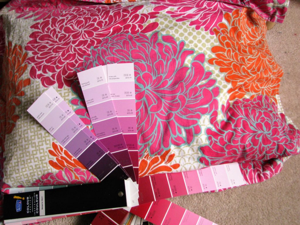 This bright duvet cover was the jumping off point for our daughter's Benjamin Moore Makeover