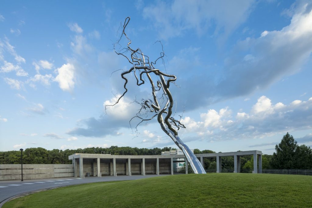 Revisiting Crystal Bridges Museum of American Art, Bentonville AR #USA #Travel 6 3 Entrance to Crystal Bridges with Yield stainless steel sculpture by Roxy Paine thumb