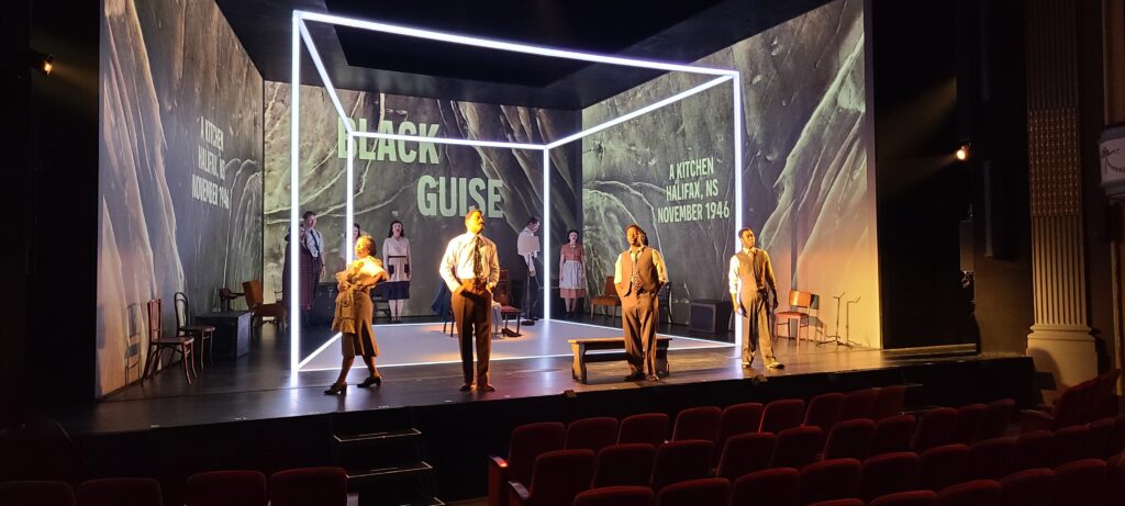 Starr Domingue, Stewart Adam McKensy, left, Dante Prince and Cameron Grant perform a scene from Controlled Damage at The Grand Theatre in London