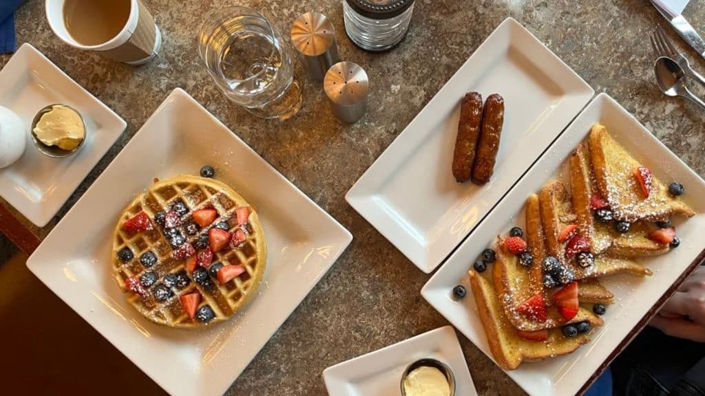Chautauqua Harbor Hotel - A Large Resort in a Perfect Location 6 Breakfast - Waffles and French Toast with a side of sausage at the Lakeside Tap and Grille in the Chautauqua Harbor Hotel
